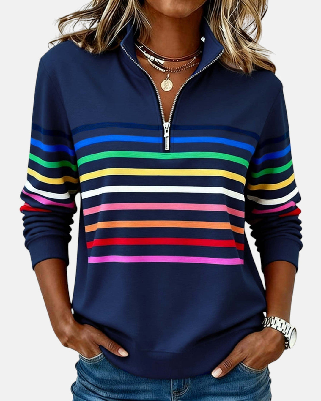 SERENELLE | Rainbow Striped Zip Sweatshirt