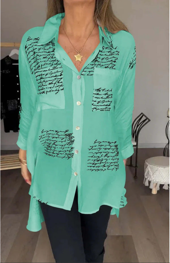 GLYNIS | Oversized Script Print Button-Up Shirt