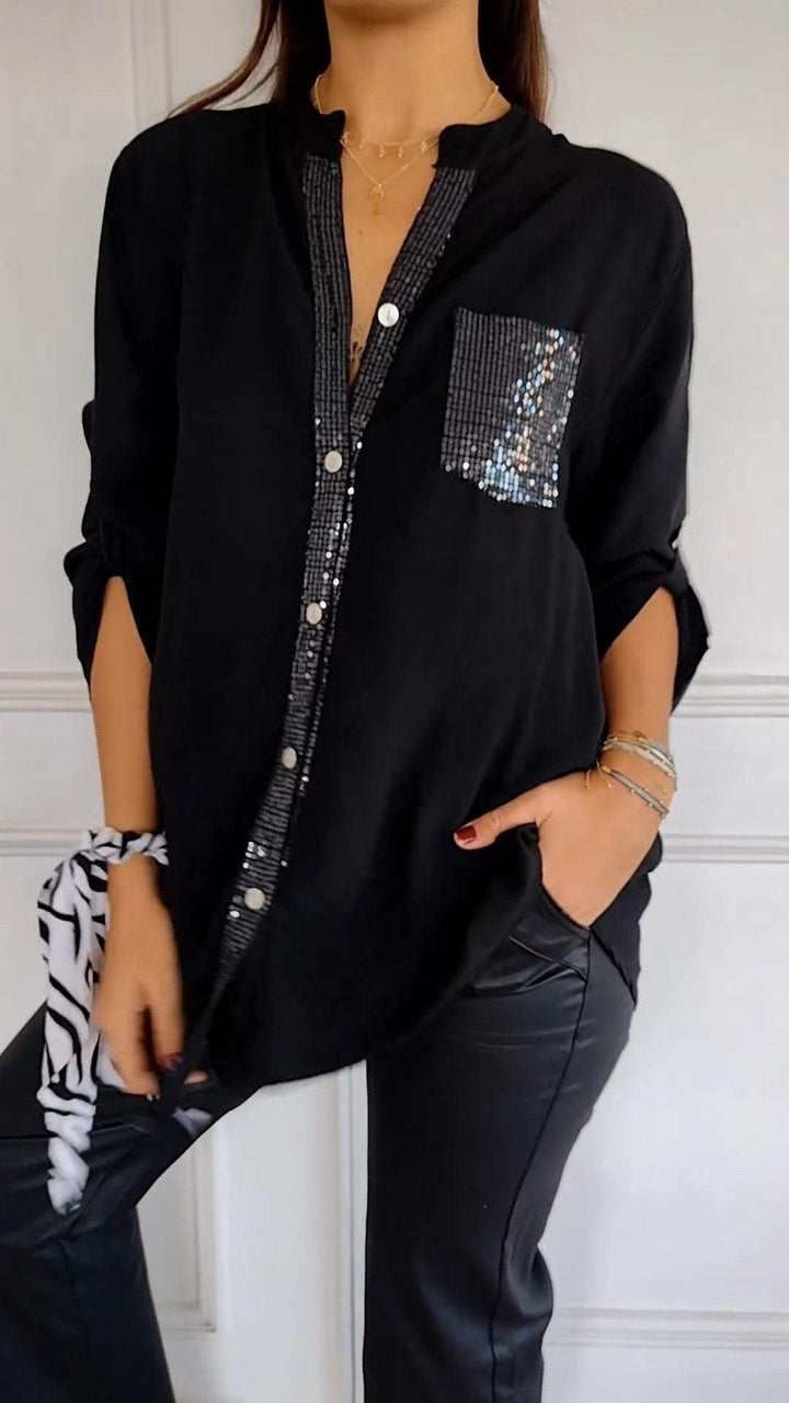 VERITY | Sequin Trim Button-Up Shirt