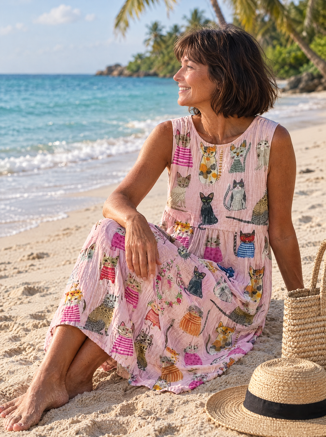 Kitty Cat Print Midi Dress