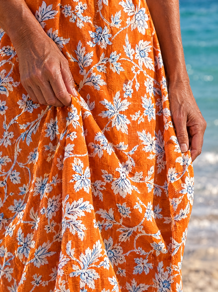 Tangerine Orange Floral Midi Dress