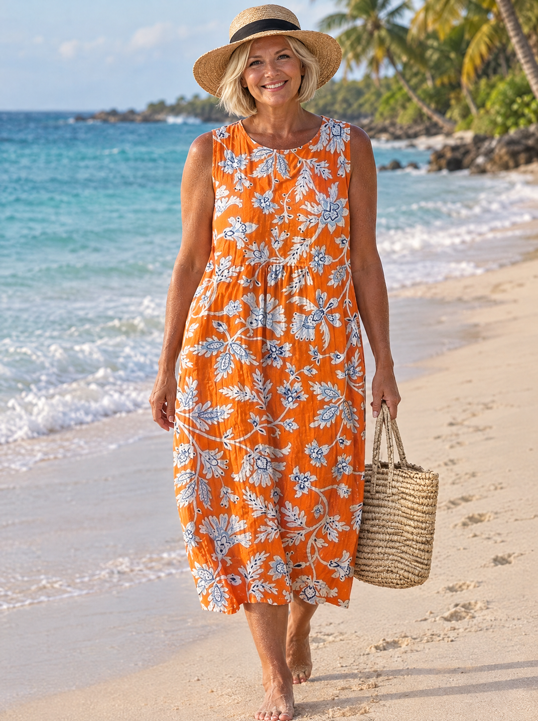 Tangerine Orange Floral Midi Dress
