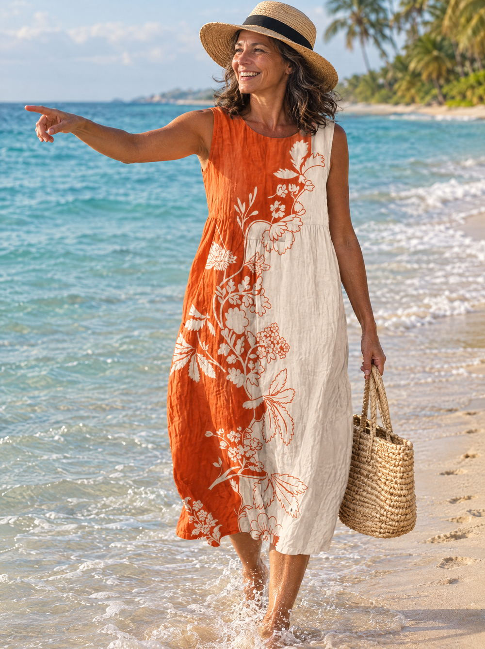 Autumn Two-Tone Botanical Midi Dress
