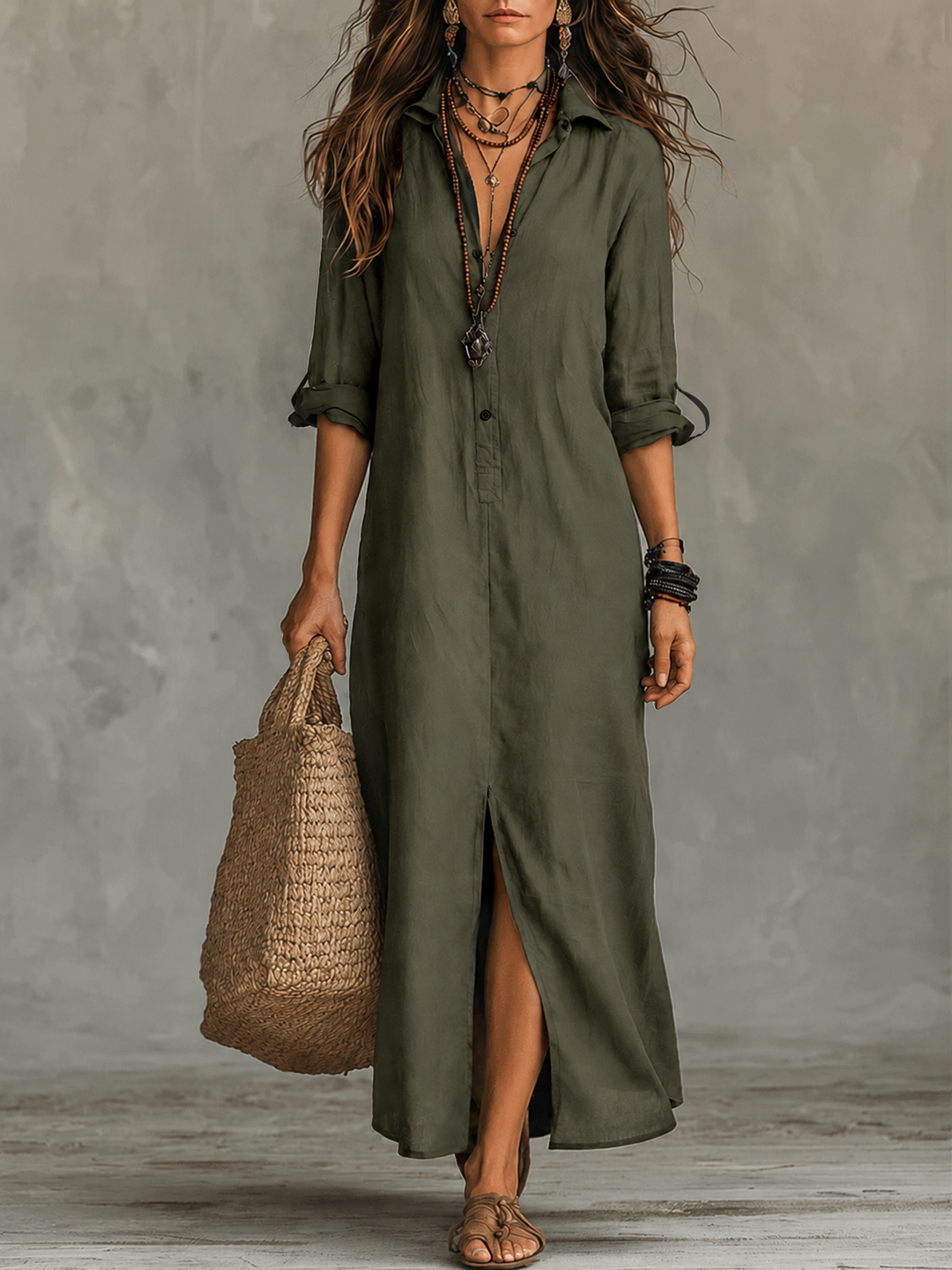 Colleen | Button-Front Boho Shirt Maxi Dress