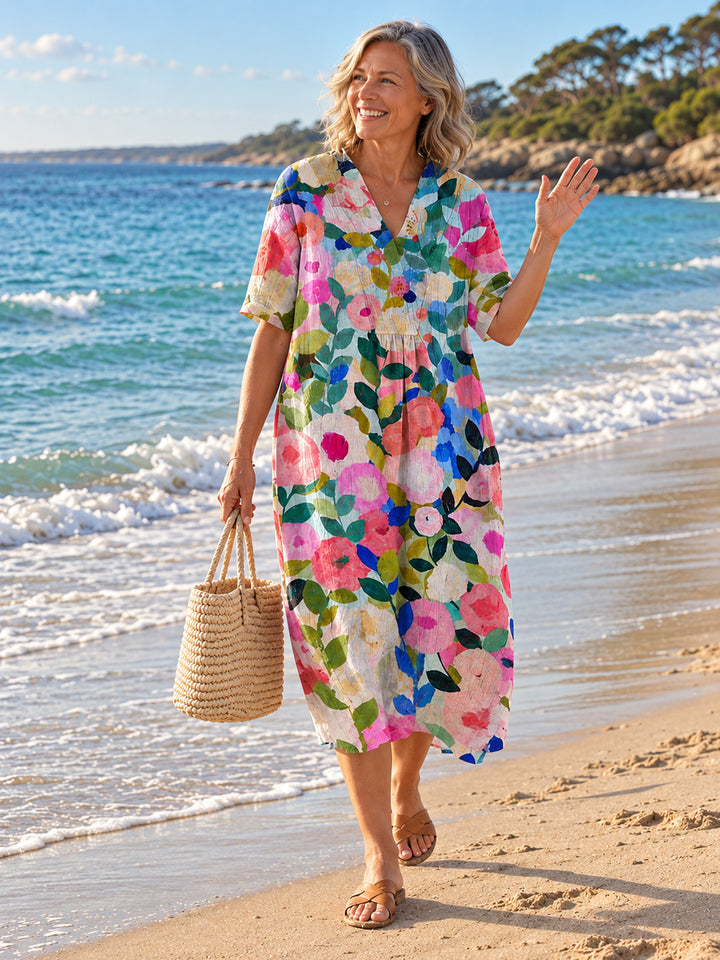 Nathalie V-Neck Dress - Floral 1 - walking by the beach