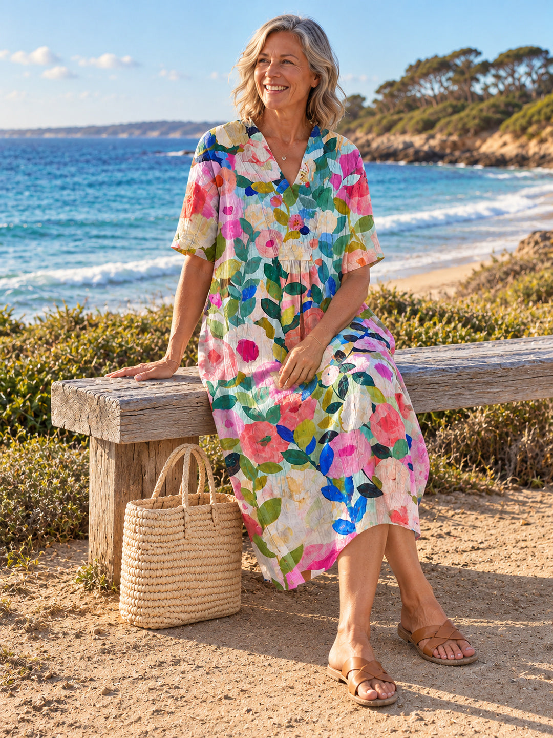 Nathalie V-Neck Dress - Floral 1 - seated