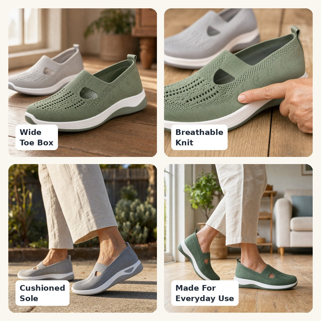 Tamsin slip-on features: roomy toe, cushioned sole, removable insole, breathable knit