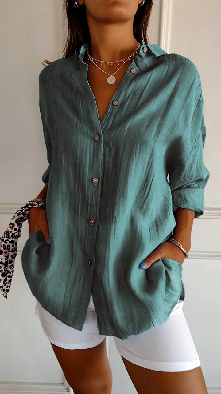 Tilda Oversized Linen Button-Down Shirt — Teal Green