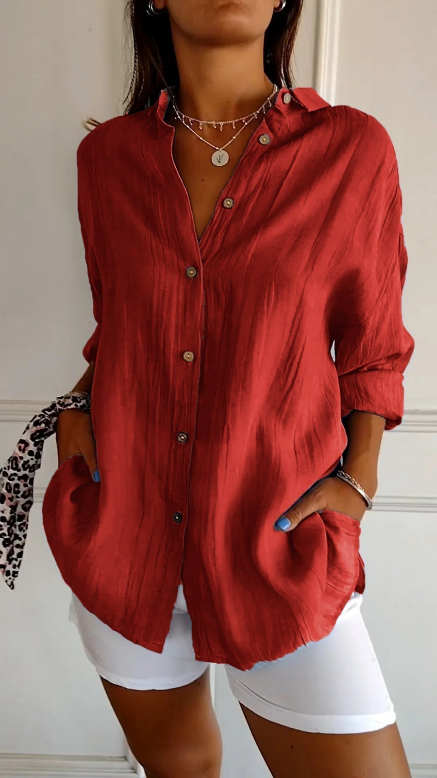 Tilda Oversized Linen Button-Down Shirt — Red